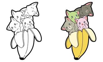 Kawaii cats in banana cartoon coloring page for kids vector