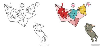 Cats are playing with paper plane cartoon easily coloring page for kids vector