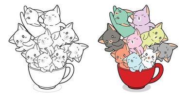 kawaii gatos en taza de café página para colorear de dibujos animados para niños vector