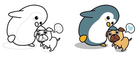 Pingüino y perro personaje página para colorear de dibujos animados para niños vector