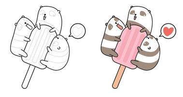 los pandas están abrazando la página para colorear de dibujos animados de la barra de helado para niños vector
