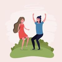 young couple jumping celebrating in the park characters vector