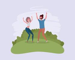 young couple jumping celebrating in the park characters vector