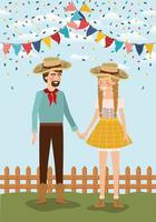 farmers couple celebrating with garlands and fence vector