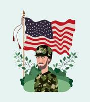 military man with usa flag in the field vector