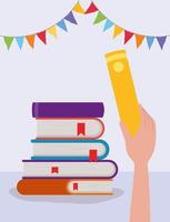 Stacked books and pennant decoration vector