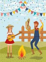 farmers couple celebrating with garlands and fence vector