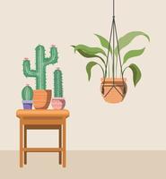 Planta de interior con colgador de macramé y plantas en macetas sobre una mesa de madera vector