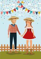 farmers couple celebrating with garlands and fence vector