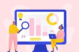 Concept for business analysis, market research, product testing, data analysis. Two marketing specialists making analytics. Flat vector illustration.