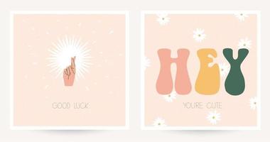 Set of two colorful postcards in hippie style with vintage lettering. Text Good luck, Hey you're cute. Boho chic textured postcards. Flat vector illustration.