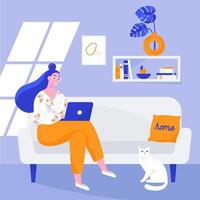 Woman sitting on the sofa and working on the laptop. Working from home, remote work. Vector flat illustration.