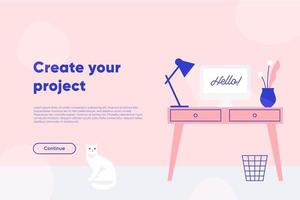 Create your project landing page. Freelancer workplace, table with computer, lamp and plant. Flat vector illustration.