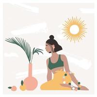 Beautiful bohemian woman sitting on the floor in modern interior with vases, palm leaves, mirror. Summer vacation mood, boho chic art print, terracotta. Flat vector illustration in warm pastel colors.