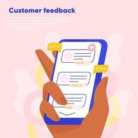 Customer feedback online review. Hand holding the smartphone and leaving a rating and review. Customer reading company feedbacks. Flat vector illustration.