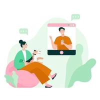 Two friends on video meeting. Video call conference, working from home, social distancing, business discussion. Flat vector illustration.