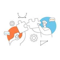 Team work collaboration. Two workers with puzzles in hands. Concept vector illustration.