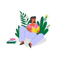 Woman reading a book or studying. Flat vector illustration.