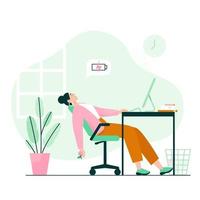 Tired woman sleeping at the desk. Work burnout, low energy at work. Flat vector illustration.