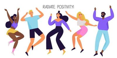 Group of happy people jumping and dancing. Joyful and positive diverse characters. Colorful vector illustration.