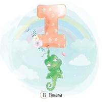 Cute iguana with alphabet I balloon illustration vector