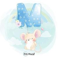 Cute mouse with alphabet M balloon illustration vector