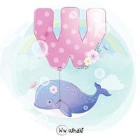 Cute whale with alphabet W balloon illustration