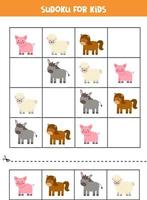 Sudoku game with cartoon pig, horse, donkey and sheep. vector