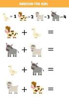 Addition worksheet with cute farm animals. Math game. vector