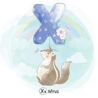 Cute xerus with alphabet X balloon illustration vector