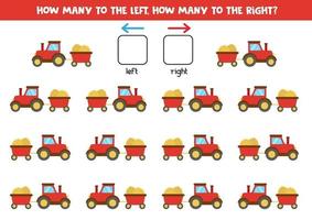 Left or right with tractor and trailer. Logical worksheet for preschoolers. vector