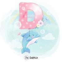 Cute dolphin with alphabet D balloon illustration vector