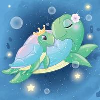 Cute sea turtle mother and baby illustration vector