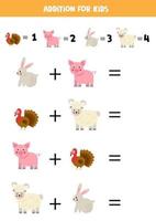 Addition game with cute cartoon farm animals. Math game for kids.