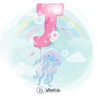 Cute jellyfish with alphabet J balloon illustration vector