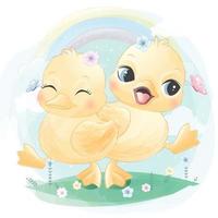 Cute ducky with floral illustration vector