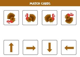 Left, right, up or down. Spatial orientation with cartoon turkey. vector
