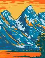 picos nevados del parque nacional grand teton. ubicado en wyoming estados unidos de américa wpa poster art vector