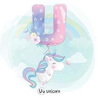 Cute unicorn with alphabet U balloon illustration