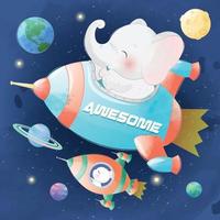 Cute little bunny and elephant in spaceships illustration vector