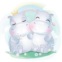 Cute little hippo couple illustration vector