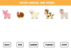 Matching farm animals and the words. Educational game for kids. vector