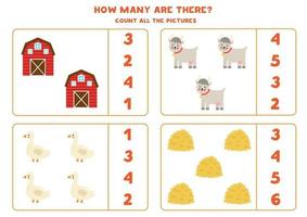 Counting game with farmhouse and animals. Math worksheet. vector