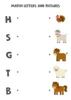 Match farm animals and beginning sounds. Game for kids. vector