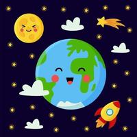 Cute Earth among stars and rocket. Vector poster.