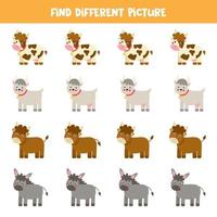 Find animal which is different from others. Farm themed worksheet. vector