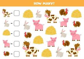 Counting game with hay and farm animals. Math worksheet. vector