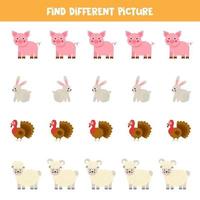 Find animal which is different from others. Farm themed worksheet. vector