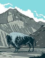 American Bison with Eagle Peak Mountain in Yellowstone National Park, Wyoming United States of America, WPA Poster Art vector