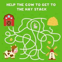 Maze with cartoon cow and hay stack. Logical game for kids. vector